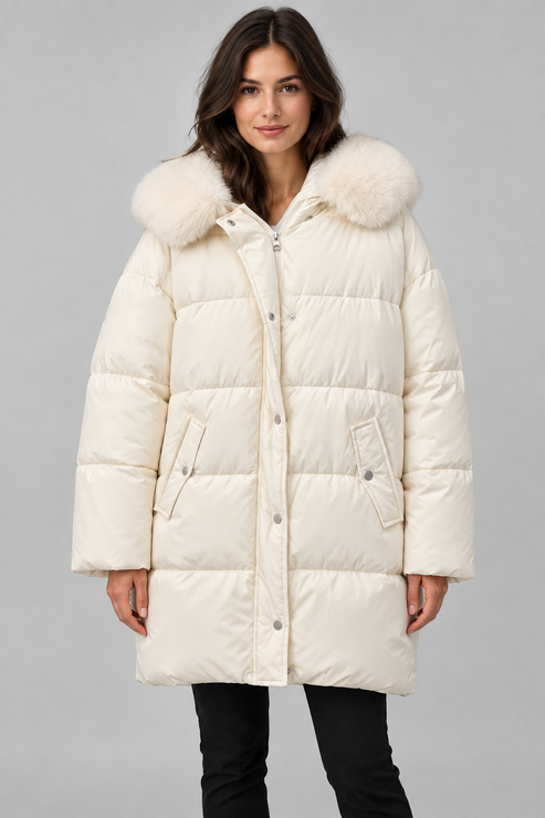 Piumino donna Pinko panna con cappuccio, fronte su modella – immagine elaborata con IA