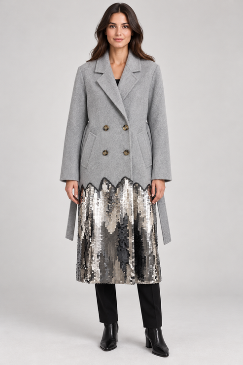 Cappotto donna Tensione In grigio con paillettes, fronte su modella – immagine elaborata con IA