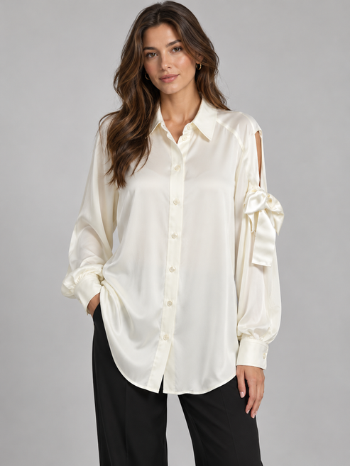 Camicia donna Pinko avorio con fiocco - fronte su modella, elaborata con IA