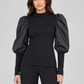 Maglia donna Imperial nera con maniche a sbuffo - fronte su modella, elaborata con IA