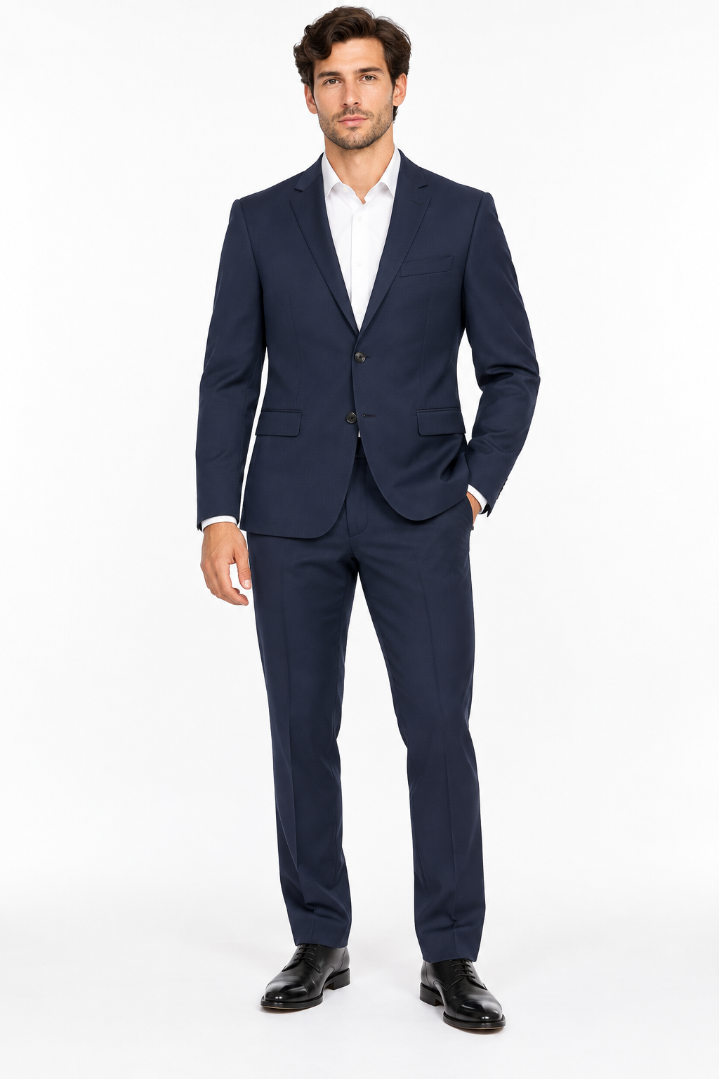 Abito completo uomo HUGO blu navy in lana vergine, vista frontale indossata
