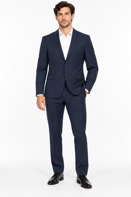 Abito completo uomo HUGO blu navy in lana vergine, vista frontale indossata