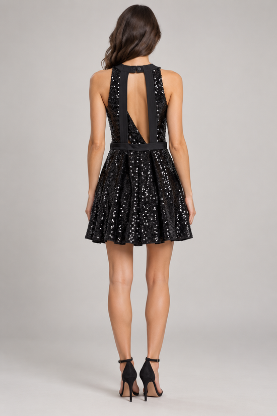 Abito Pinko nero con paillettes e aperture - retro su modella