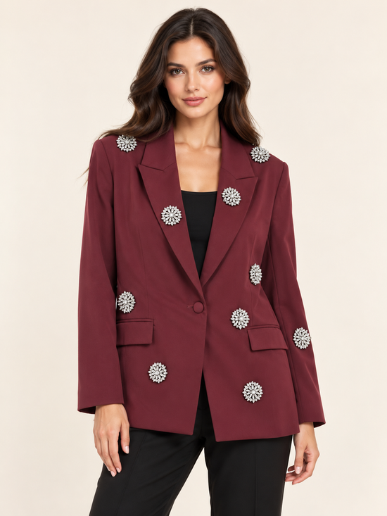 Giacca donna bordeaux con applicazioni gioiello – Tensione In front