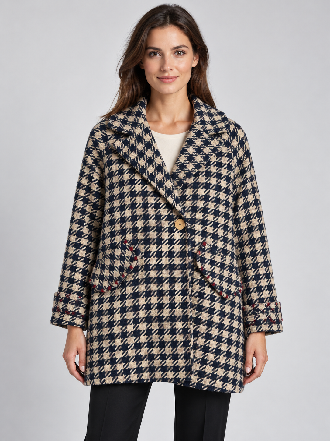 Cappotto donna Alessia Santi pied-de-poule blu e beige — fronte su modella, immagine elaborata con IA
