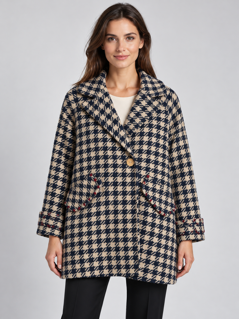 Cappotto donna Alessia Santi pied-de-poule blu e beige — fronte su modella, immagine elaborata con IA