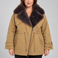 Cappotto donna Emma & Gaia cammello con collo a contrasto — fronte su modella, immagine elaborata con IA