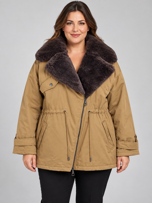 Cappotto donna Emma & Gaia cammello con collo a contrasto — fronte su modella, immagine elaborata con IA