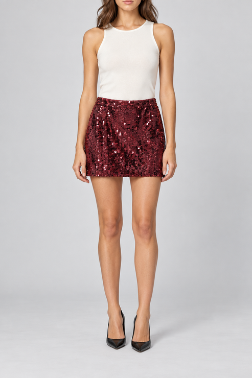 Minigonna bordeaux Aniye By con paillettes - fronte - immagine AI