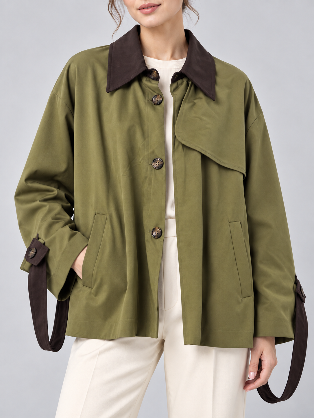Giacca Dixie verde oliva su modella – dettaglio