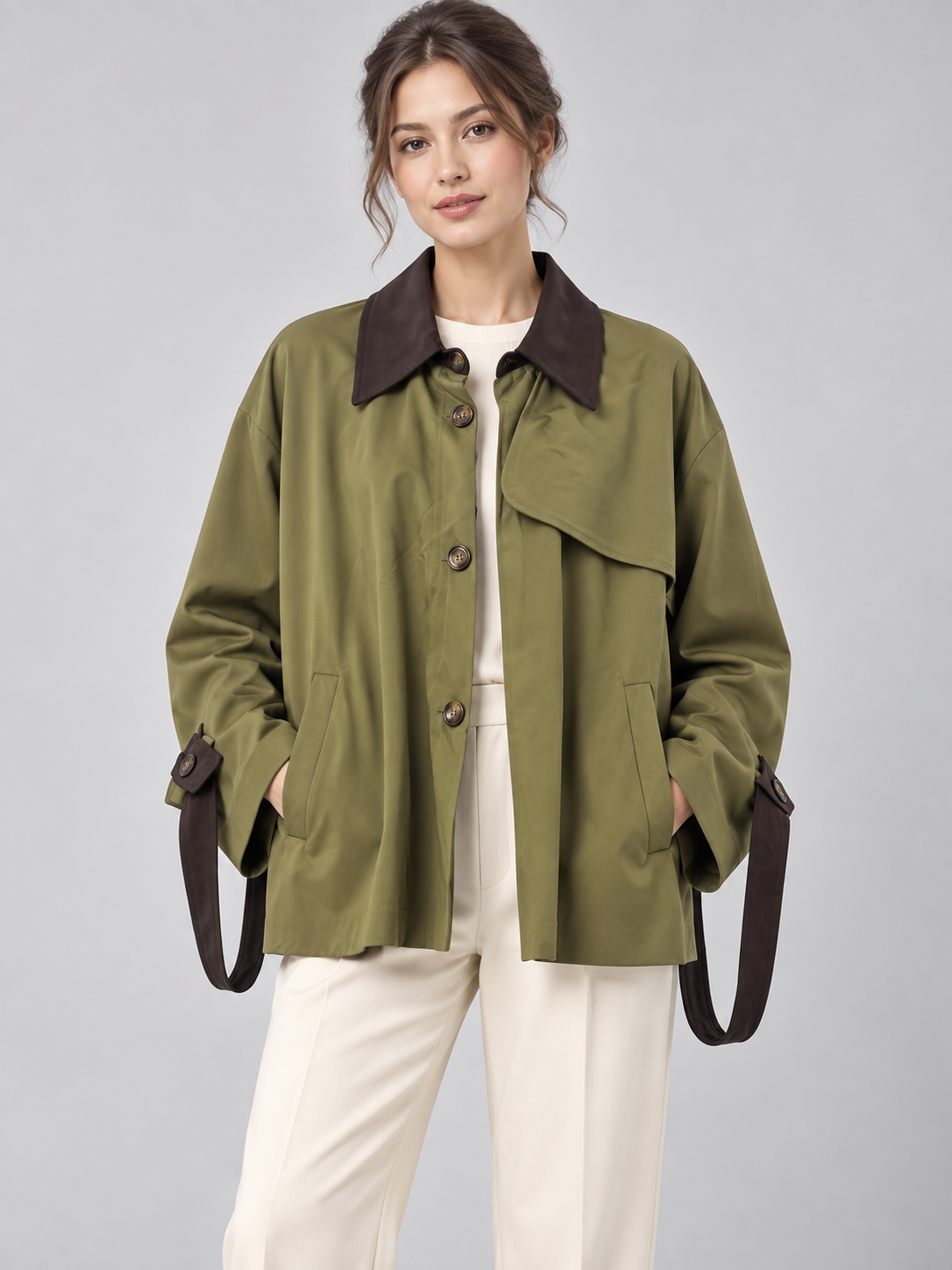 Giacca Dixie verde oliva su modella – fronte