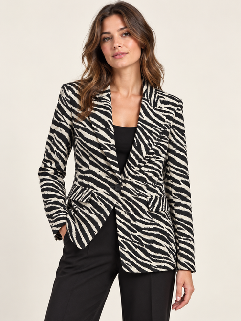 Blazer Dixie animalier — frontale indossata; immagine digitale illustrativa