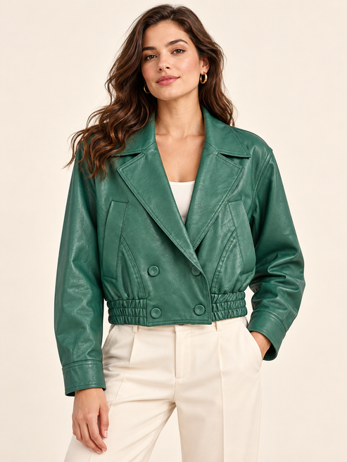 Bomber HaveOne verde in ecopelle — frontale indossata; immagine digitale illustrativa
