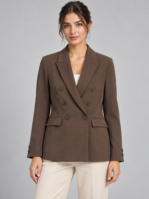 Giacca Have One doppiopetto marrone su modella – fronte
