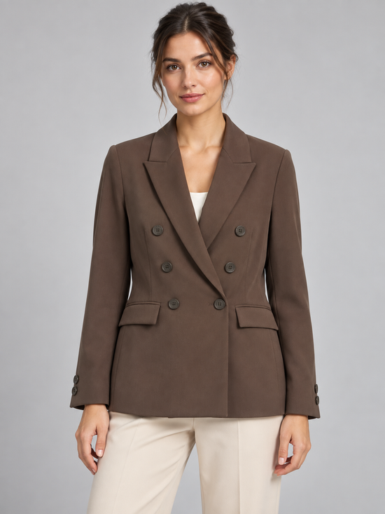 Giacca Have One doppiopetto marrone su modella – fronte
