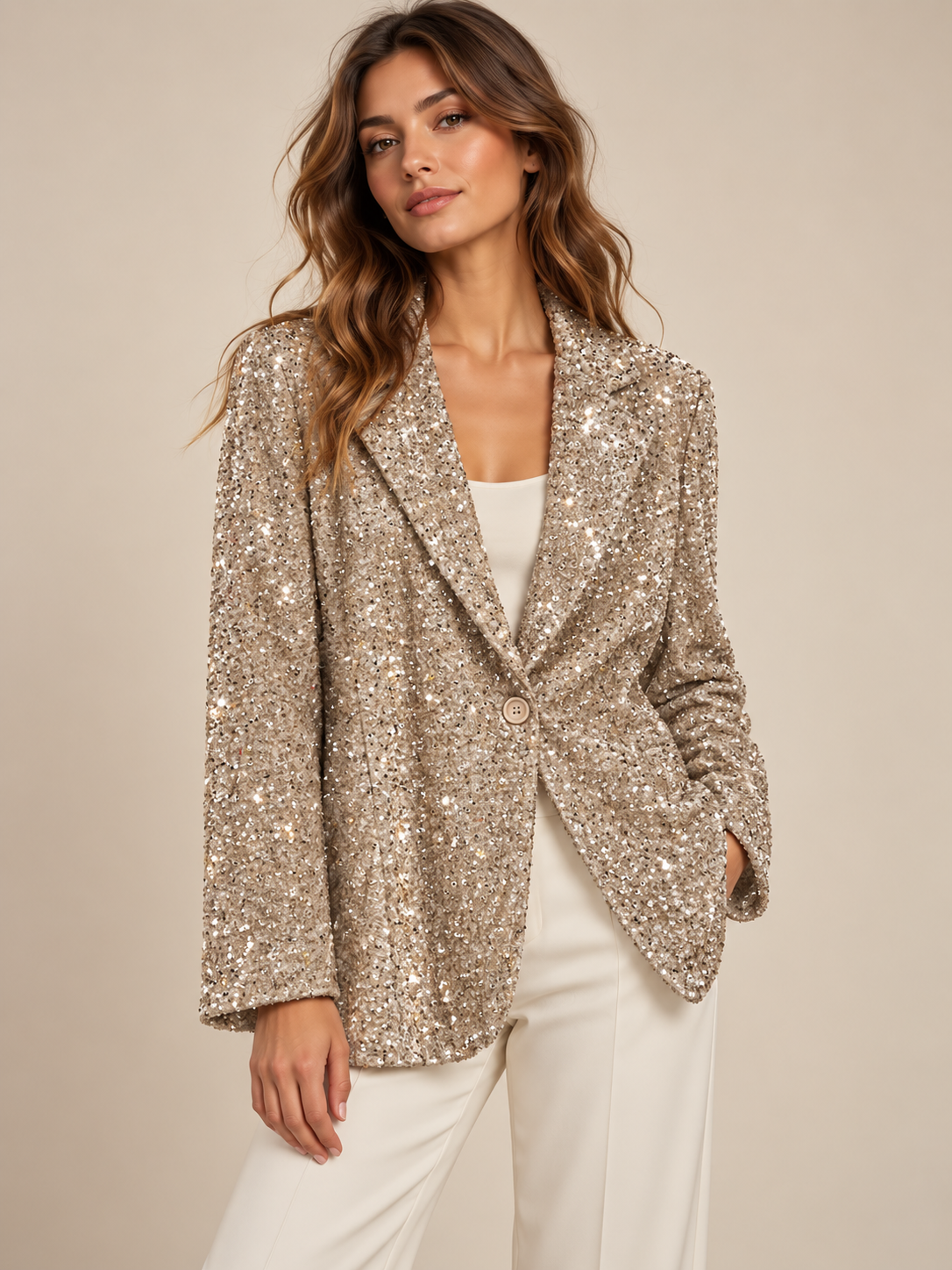 Blazer HaveOne champagne con paillettes — frontale indossata; immagine digitale illustrativa