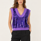 Gilet viola Liu Jo con paillettes e scollo a V - vista anteriore su modella