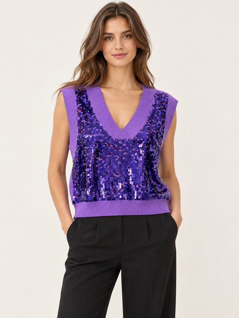 Gilet viola Liu Jo con paillettes e scollo a V - vista anteriore su modella