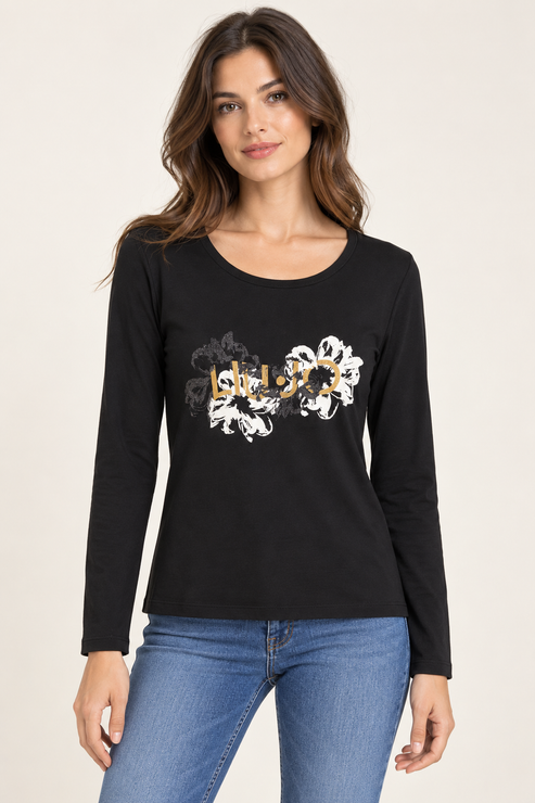 Maglia nera Liu Jo con stampa floreale - vista anteriore su modella