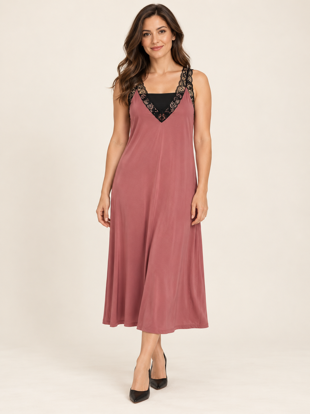 Abito rosa antico Liu Jo con pizzo nero — fronte