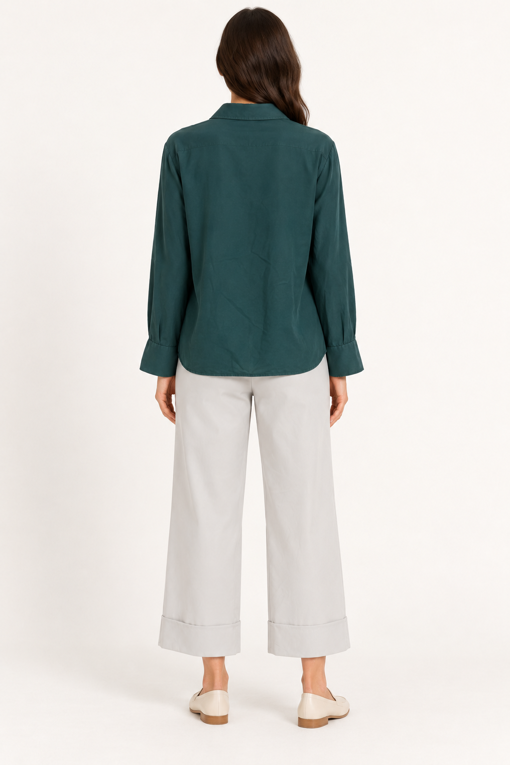 Dixie – Camicia verde petrolio in lyocell – retro su modella