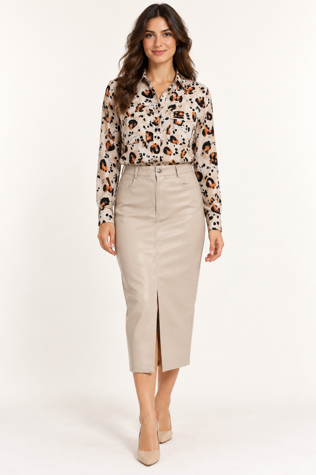 Dixie – Gonna beige effetto pelle – fronte su modella