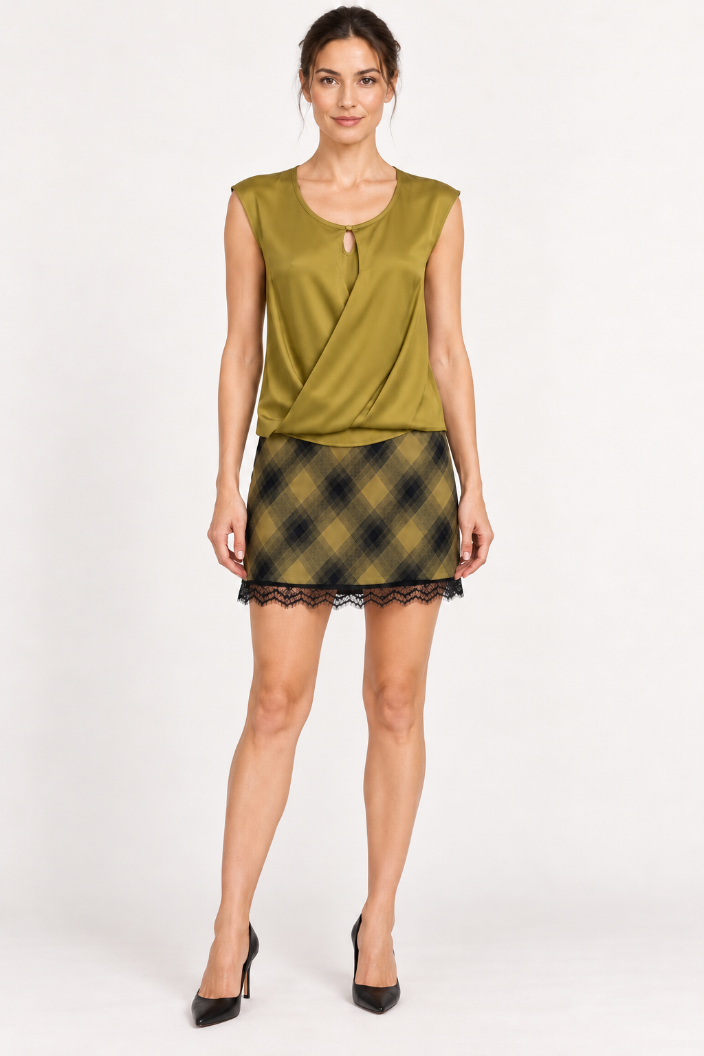 Dixie – Gonna a quadri verde oliva con pizzo – fronte