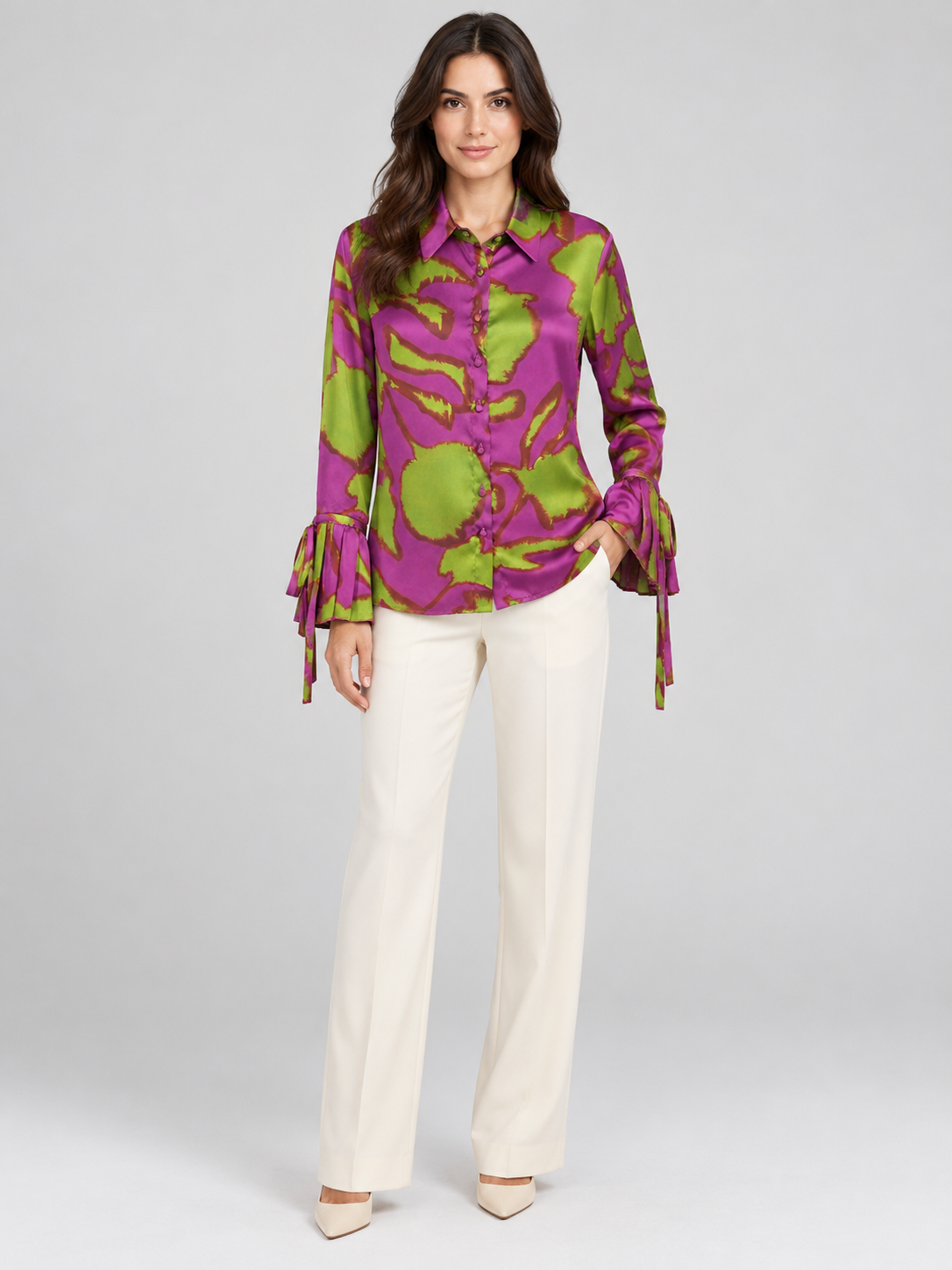 Camicia Milva fucsia e verde con polsini a volant - fronte
