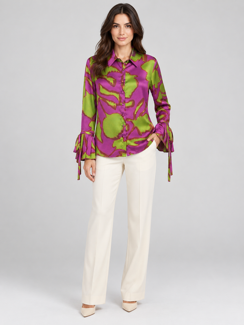 Camicia Milva fucsia e verde con polsini a volant - fronte