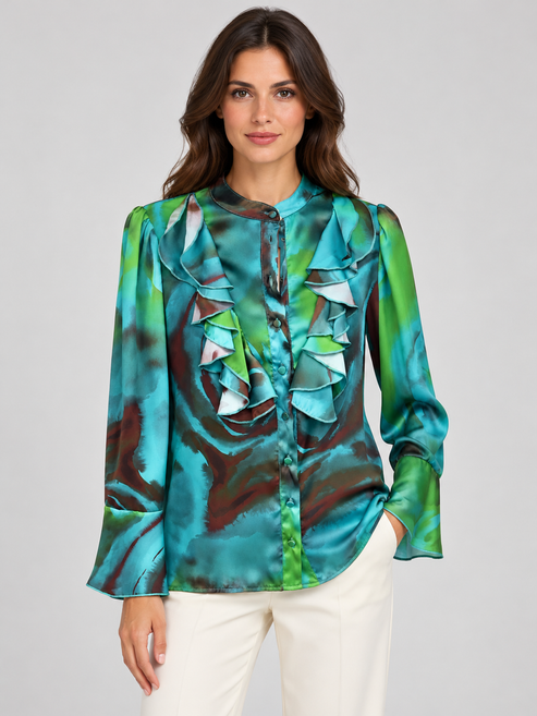 Camicia Milva turchese e verde con volant - fronte