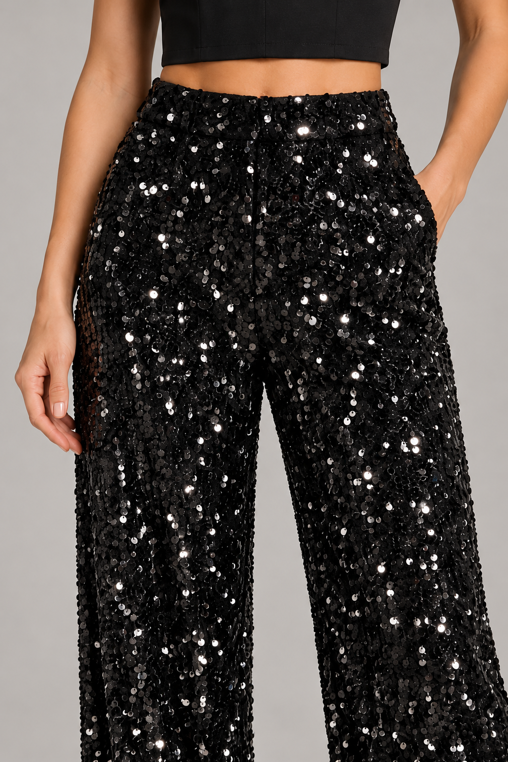 Pantalone donna Motel con paillettes nere - dettaglio