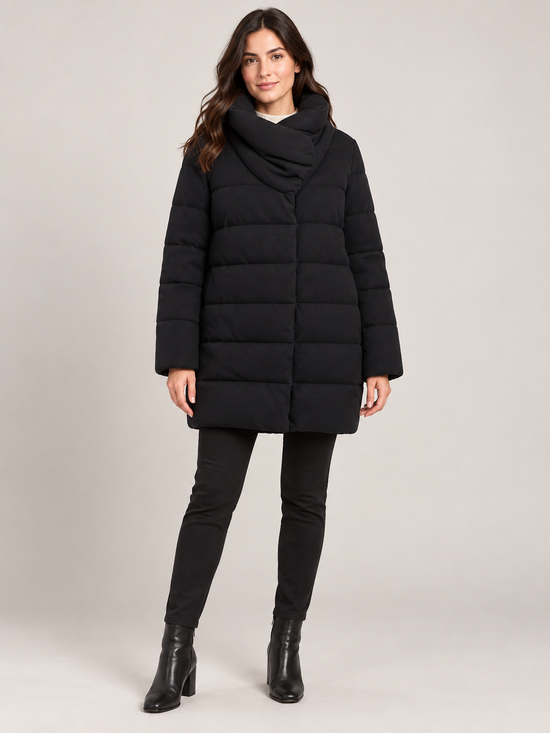 Alessia Santi – Cappotto nero trapuntato con collo avvolgente – vista fronte su modella, immagine elaborata con IA
