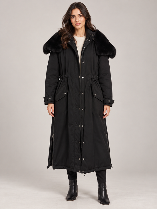 Emma & Gaia – Cappotto lungo nero con cappuccio – vista fronte su modella, immagine elaborata con IA