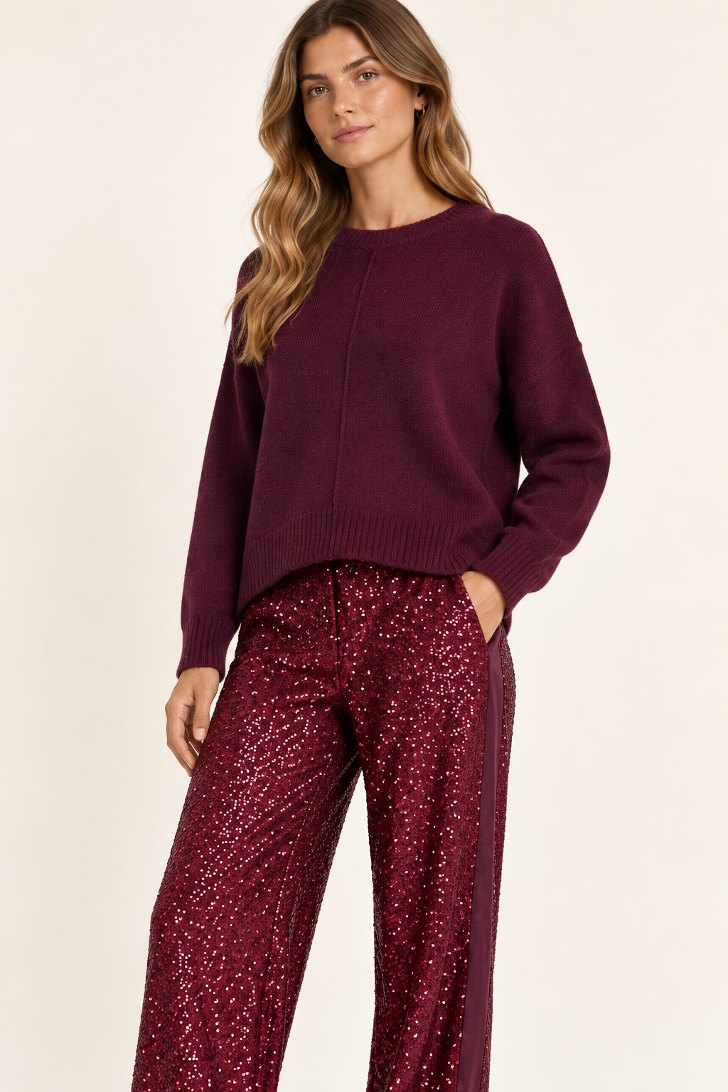 Pantalone donna Motel con paillettes bordeaux – dettaglio