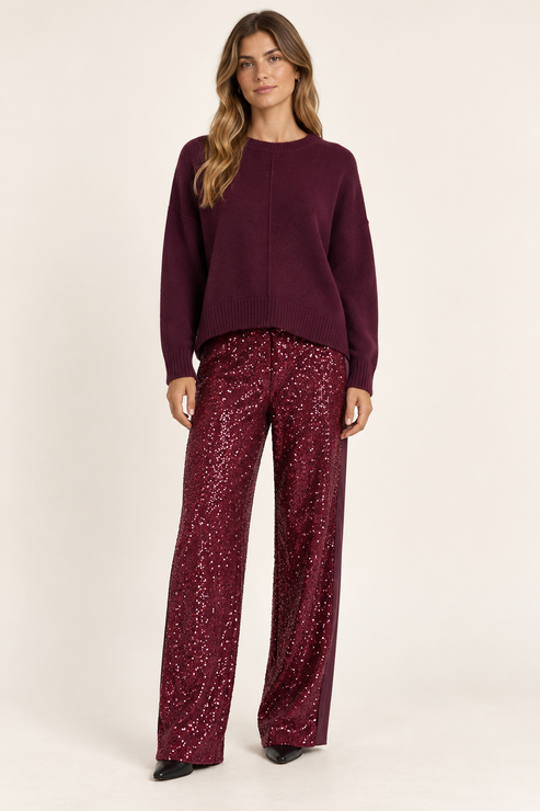 Pantalone donna Motel con paillettes bordeaux – abbinamento su modella