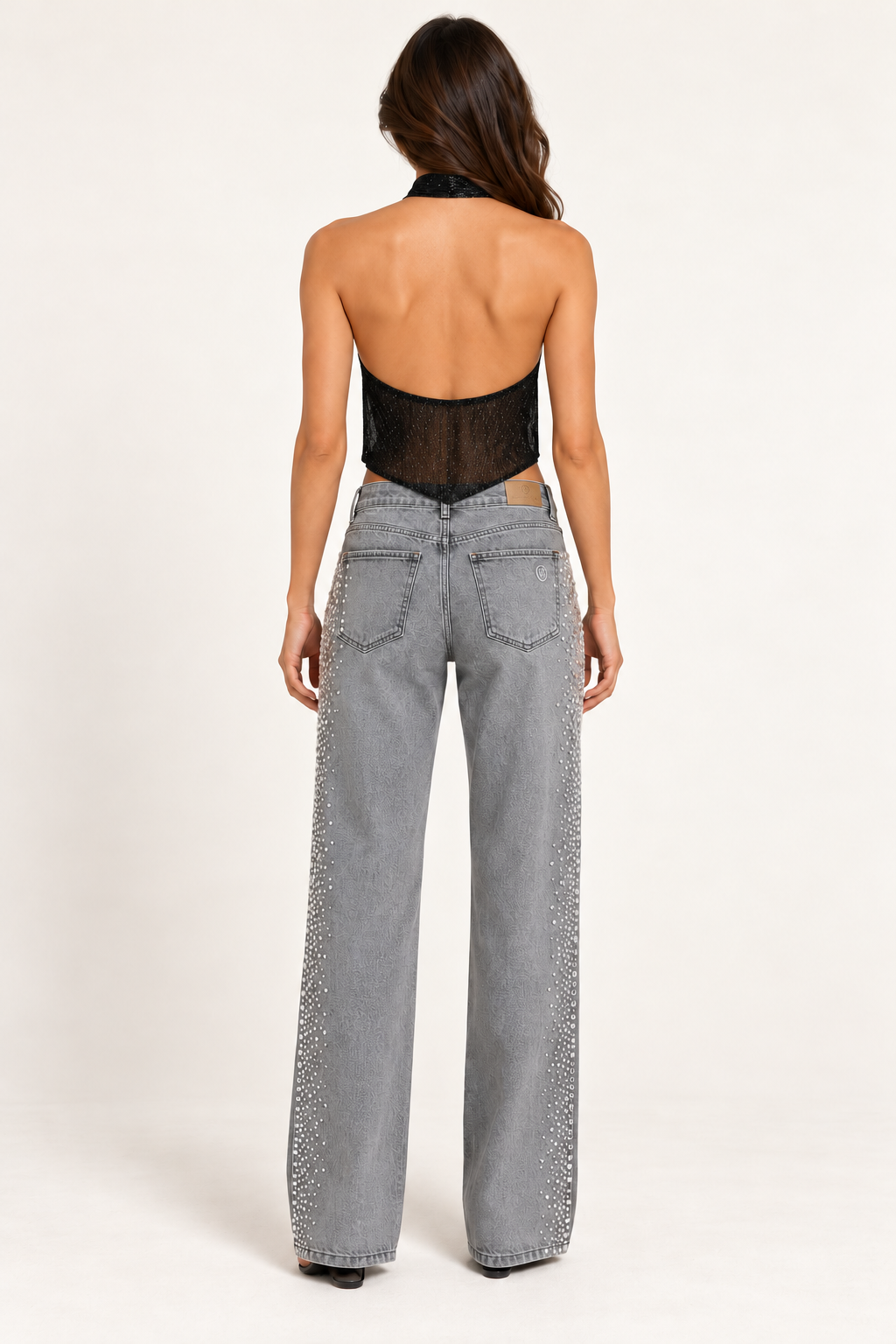 Jeans donna HAVEONE grigi con strass laterali – vista posteriore