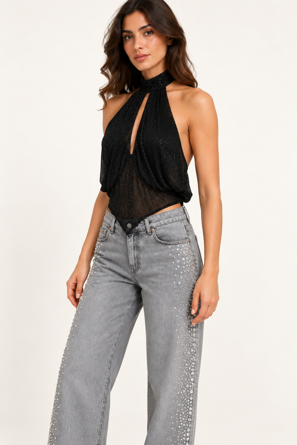 Jeans donna HAVEONE grigi con strass laterali – dettaglio