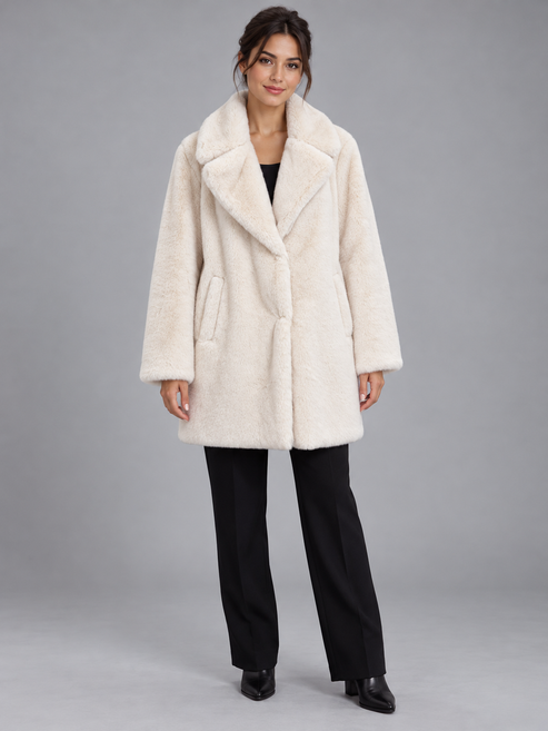 Cappotto donna HAVEONE effetto pelliccia panna - fronte - immagine elaborata con IA