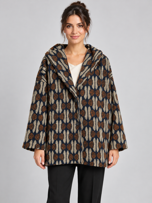 Cappotto donna Alessia Santi fantasia con cappuccio - fronte - immagine elaborata con IA