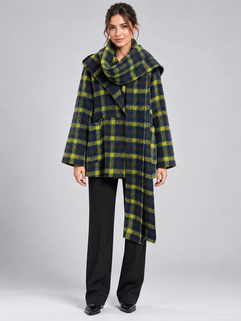 Cappotto donna HAVEONE a quadri con sciarpa - fronte - immagine elaborata con IA