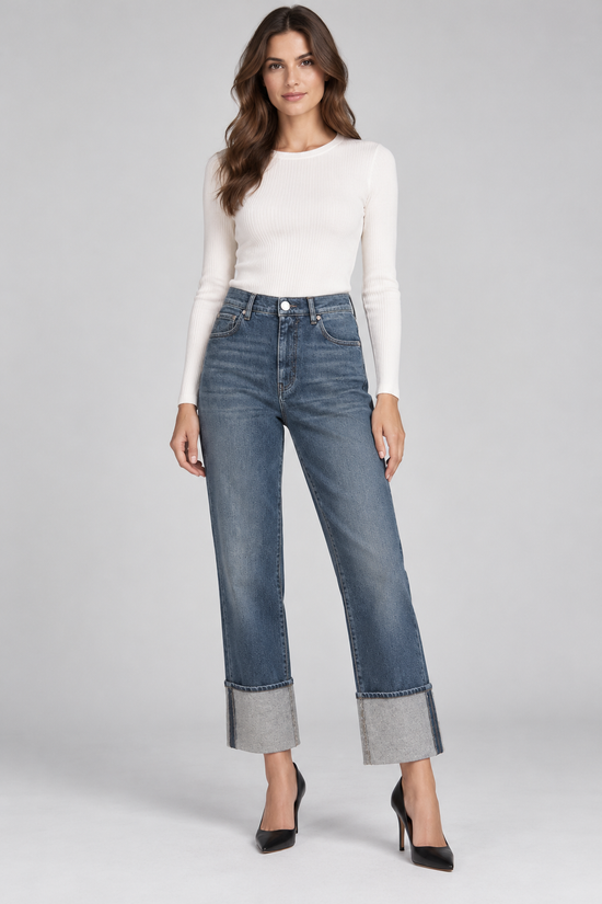 Pinko – Jeans blu con risvolto alto – fronte