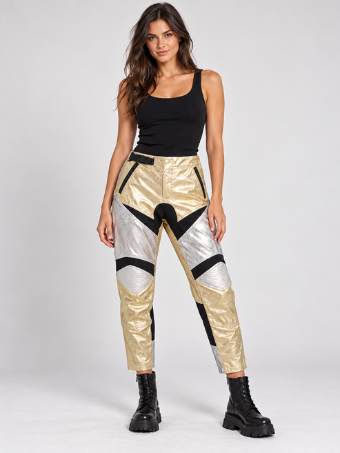 Pantalone Pinko metallizzato oro e argento fronte