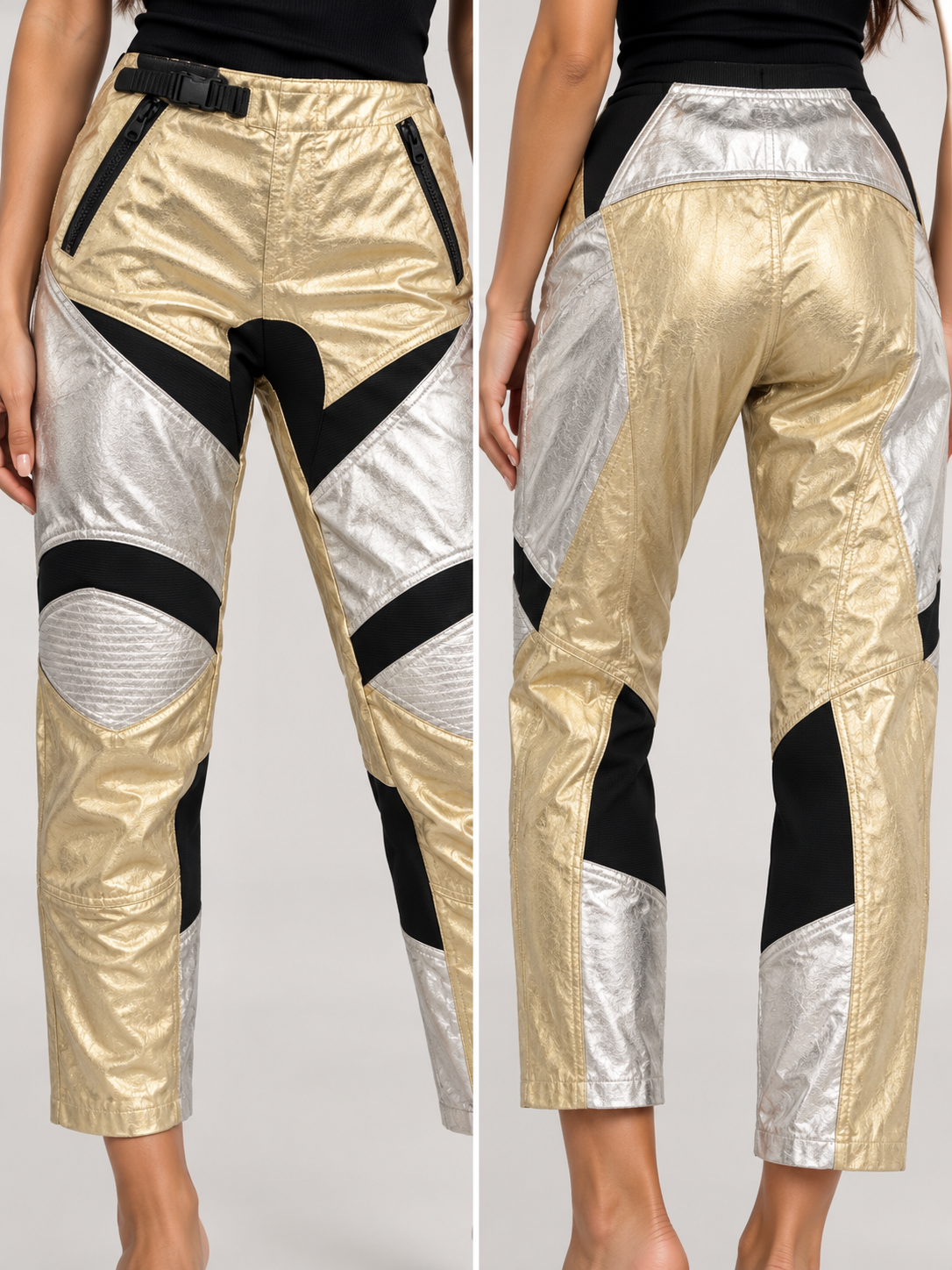 Pantalone Pinko metallizzato oro e argento dettaglio