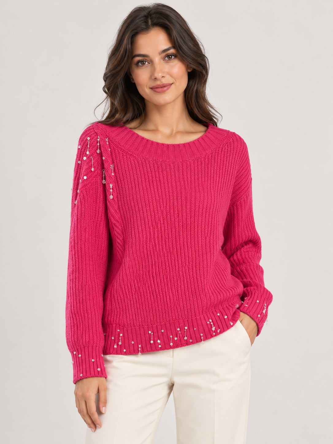 Maglione Pinko fucsia con dettagli gioiello fronte
