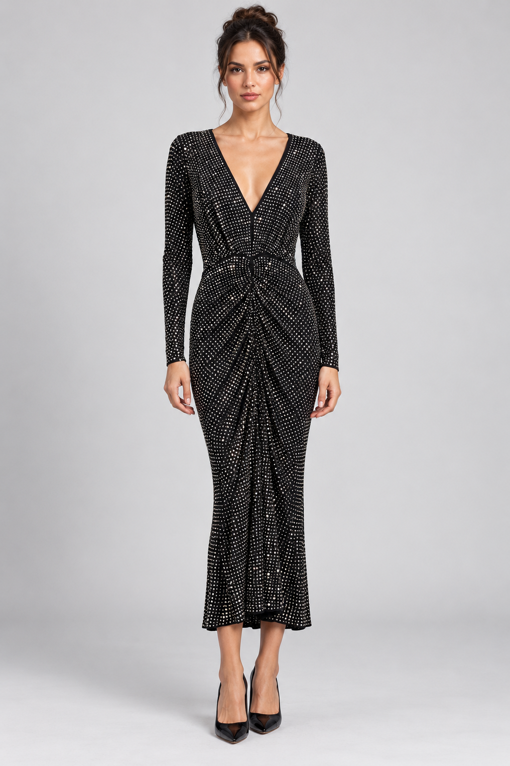 Abito Pinko nero con strass e arricciature — fronte