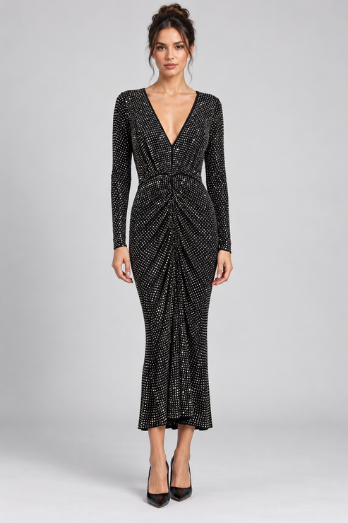 Abito Pinko nero con strass e arricciature — fronte