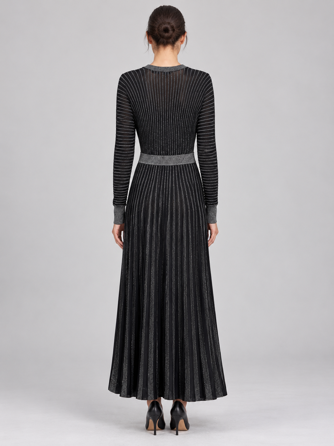Abito lungo Pinko nero e argento a righe — retro