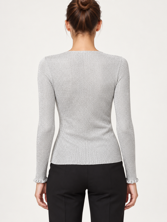 Maglia Pinko donna argento con scollo a V - retro su modella virtuale