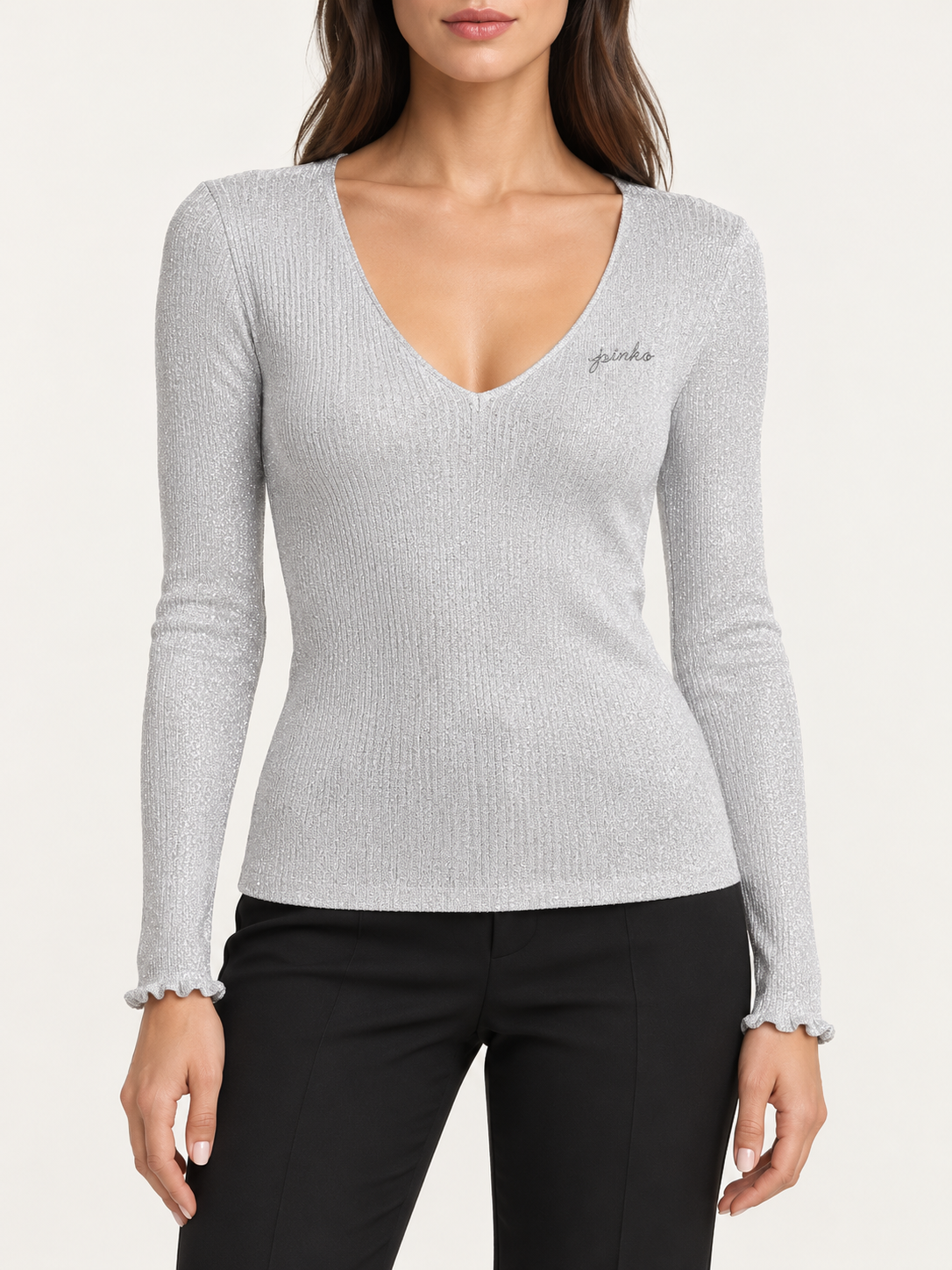 Maglia Pinko donna argento con scollo a V - fronte su modella virtuale