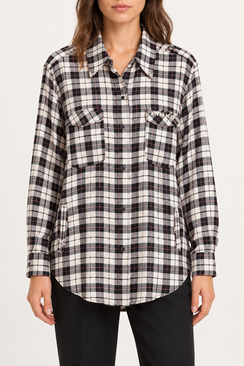 Camicia Pinko donna a quadri bianchi e neri - fronte su modella virtuale